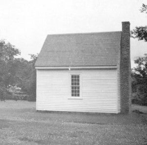 This is how the Slate Hill office (now called “The Birthplace”) looked in 1945, one year after it was moved to campus. The tin roof had been replaced and the wooden exterior had been repaired and painted, but it has yet to be lifted higher off the ground and placed on a brick foundation. The bricks in the chimney look original, like they were brought from Slate Hill and reassembled. 