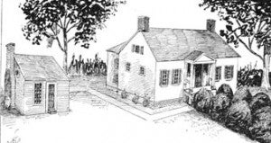 This sketch of Slate Hill, which appeared in “Today and Yesterday In The Heart Of Virginia,” shows how it looked before the office was attached to the house. The house faces south, away from Hampden Sydney, so the office was west of the house. The boxwoods and the flower garden were in the front yard and the cemetery was in the backyard. The peacocks had the run of the place.