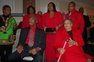 The Rev. Maynard Jones, seated at left, and wife, Nannie Jones, seated at right, accept a special recognition from the association. Pictured are, from left, standing, Vera Cooke-Merritt, Patricia Ayers, Donald Jones, Ericka Ayers, Michael Jones and Jerome Wheeler. 