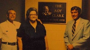 J.B. Towler, right, stands with Hester and Lillian Clark, the parents of Roy Clark, who was born in Meherrin. Towler joined the Clarks during the dedication of the Roy Clark Emergency Wing at Southside Community Hospital. (J.B. TOWLER)