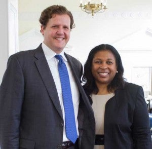 Dr. Barbara Johnson and Longwood President W. Taylor Reveley IV pose during the meet-and-greet event. Reveley and Johnson hope to form a partnership between the school system and Longwood. (Photo by Carson Reeher)