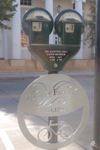 JORDAN MILES | HERALD The circular parking hoops are scattered along Main Street from Crute Stage to the High Bridge Trail Plaza, according to John Burton, the Farmville Downtown Partnership program manager.