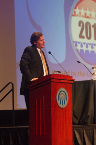 CARSON REEHER | HERALD President W. Taylor Reveley IV speaks prior to debating, encouraging students to be excited about this year’s campaign season.